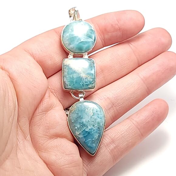 Serene Trio Larimar Sterling Pendant (2.5") on 18" Chain - Picture 2 of 10